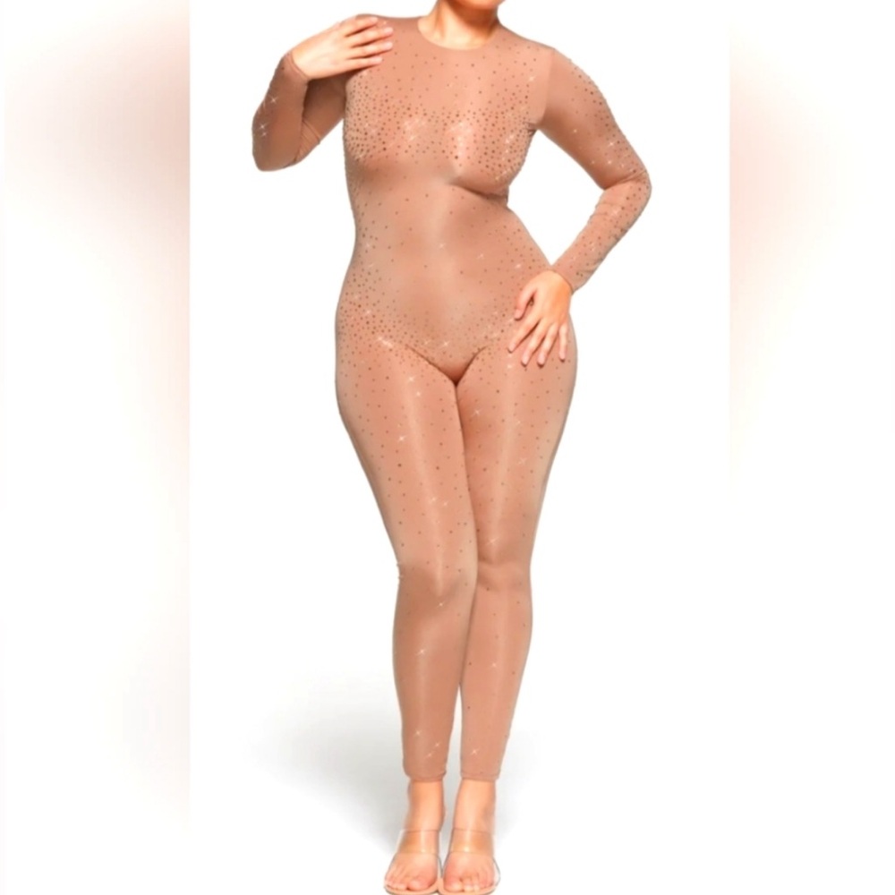 Skims Swarovski Jelly sheer catsuit long sleeve. Sold out. Rare. Sienna.